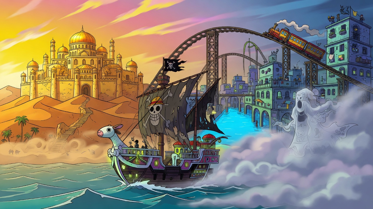 A ship between a desert kingdom, a water city, and a ghost galleon