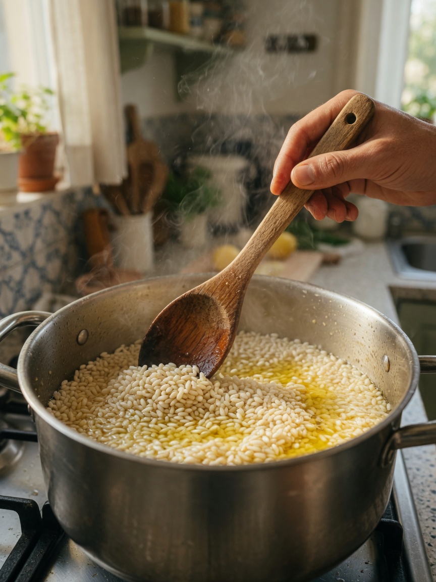 Toasting arborio rice