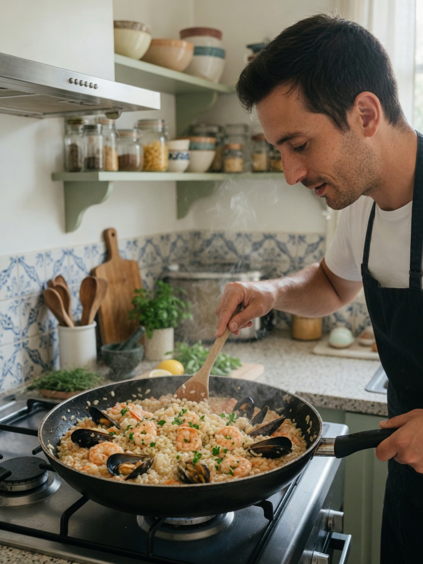 Stirring risotto with seafood