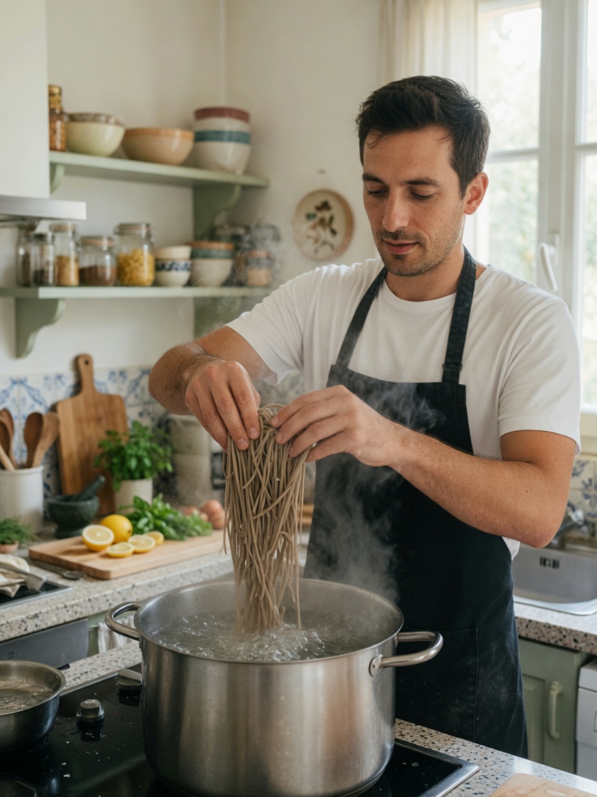 Boiling soba noodles