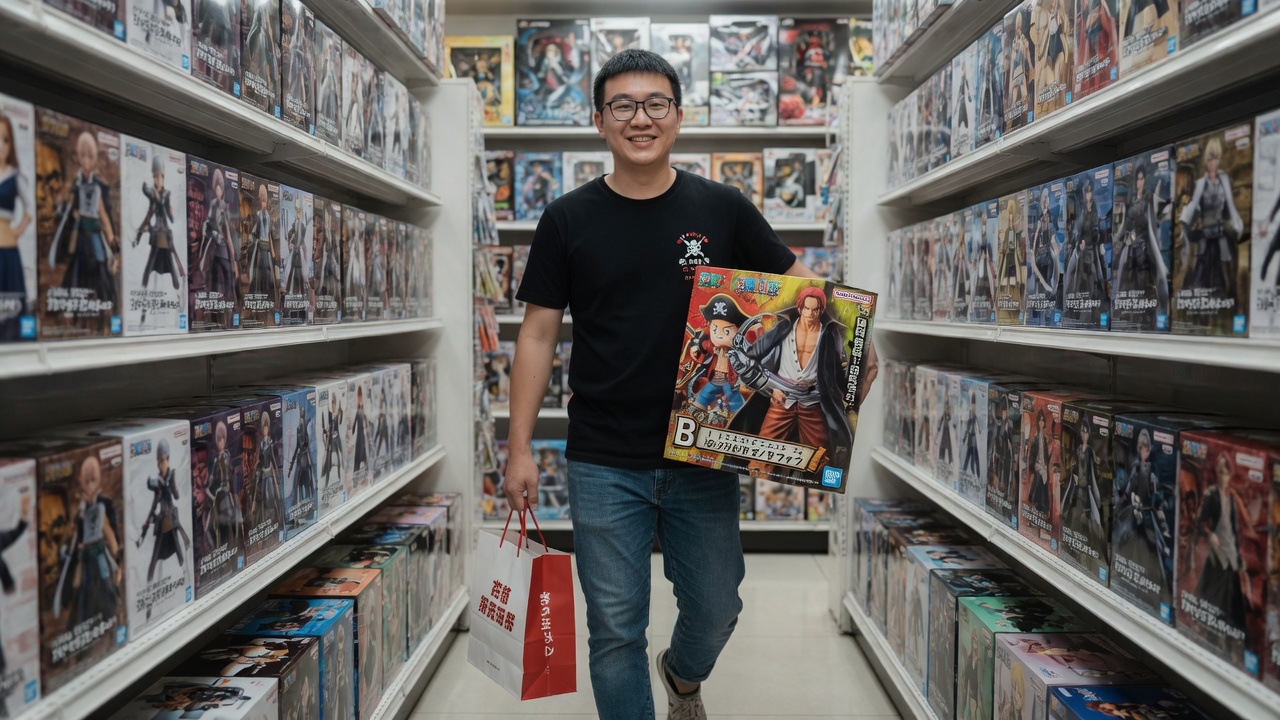 Riku walking a merch shop aisle with a bag and a boxed figure
