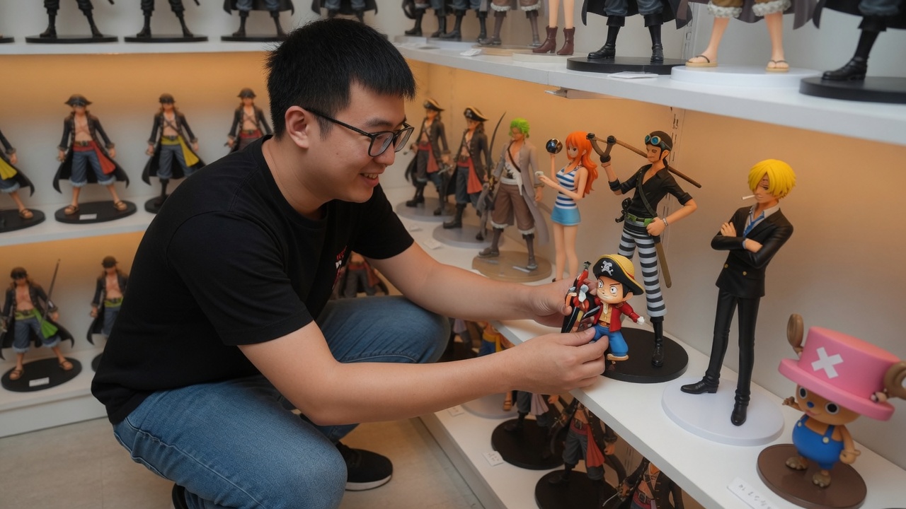 Riku crouched at a low shelf placing a tiny Luffy among the crew