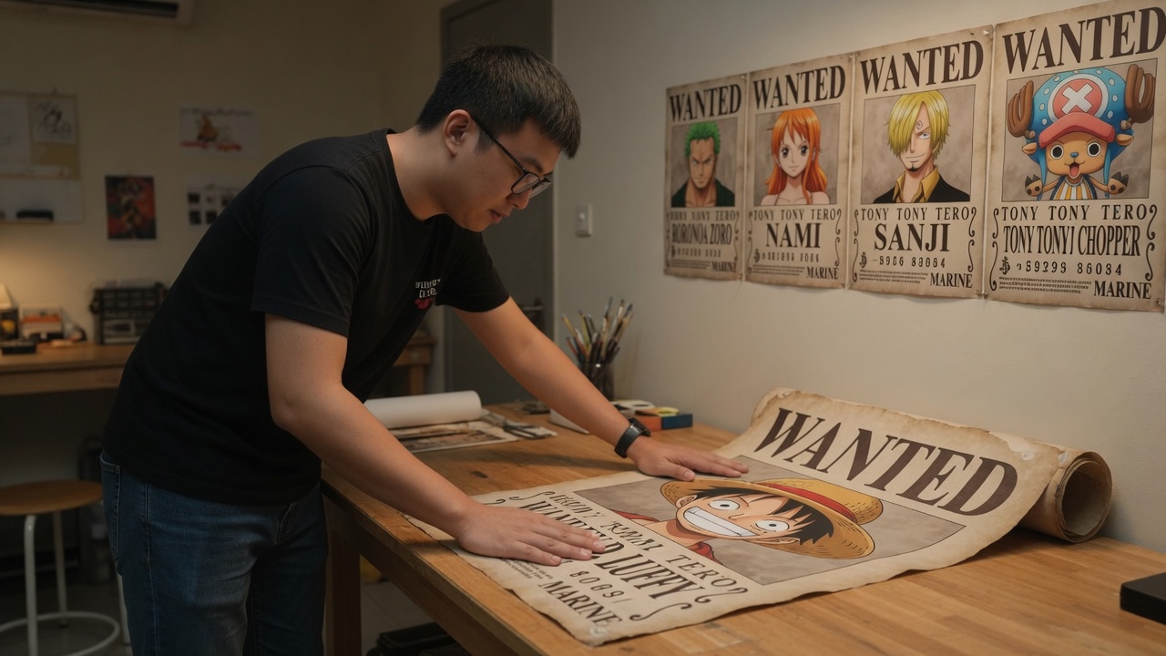 Riku smoothing a Luffy wanted poster on a table