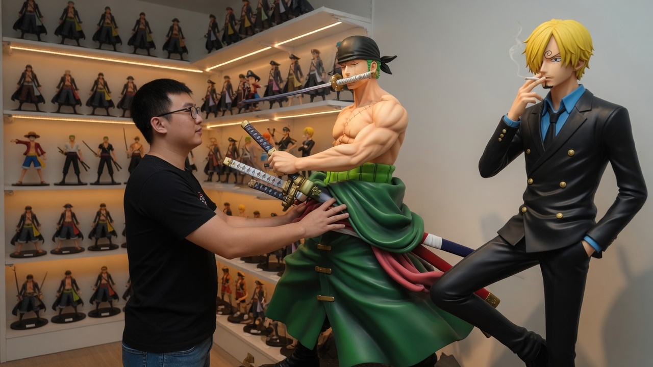 Riku beside large Zoro and Sanji statues