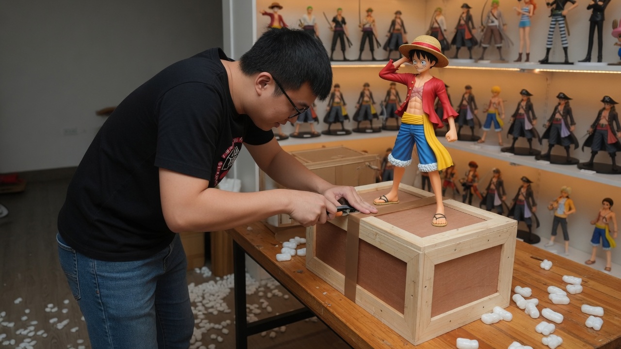 Riku cutting tape on a crate with a Luffy statue on the table